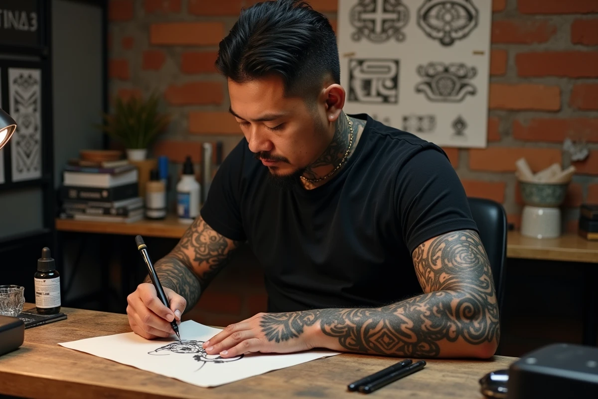 Tatoueur philippin aux tatouages tribaux visayans couvrant les bras, dessinant un nouveau motif ancestral dans son studio artistique, évoquant la transmission de l'identité culturelle à travers l'art tribal.