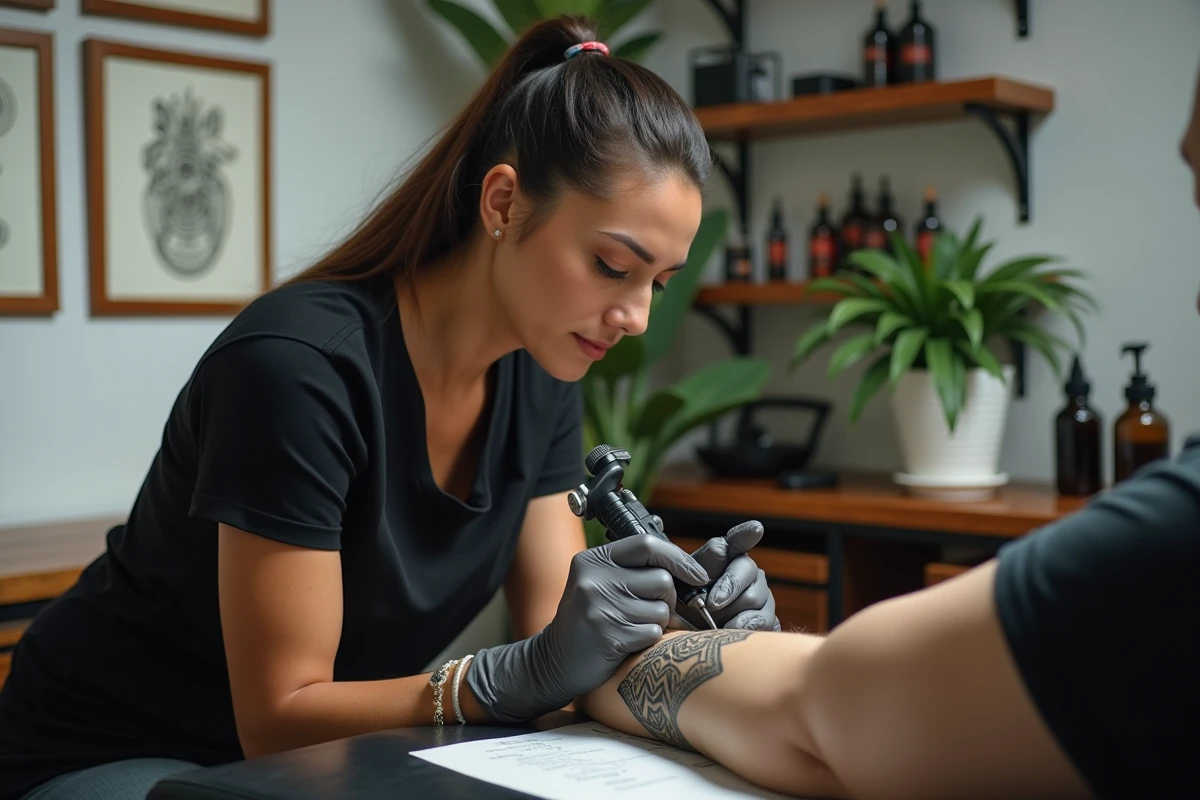 Tatoueuse polynésienne au travail sur un tatouage géométrique marquisien dans un studio de tatouage contemporain