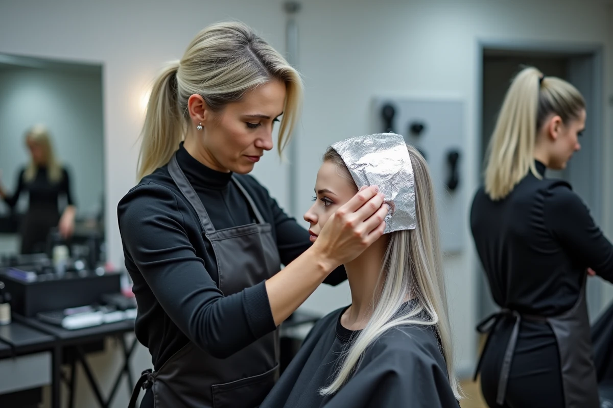 Coiffeuse appliquant des mèches sur cheveux gris-blanc avec technique de feuilles d'aluminium en atelier professionnel
