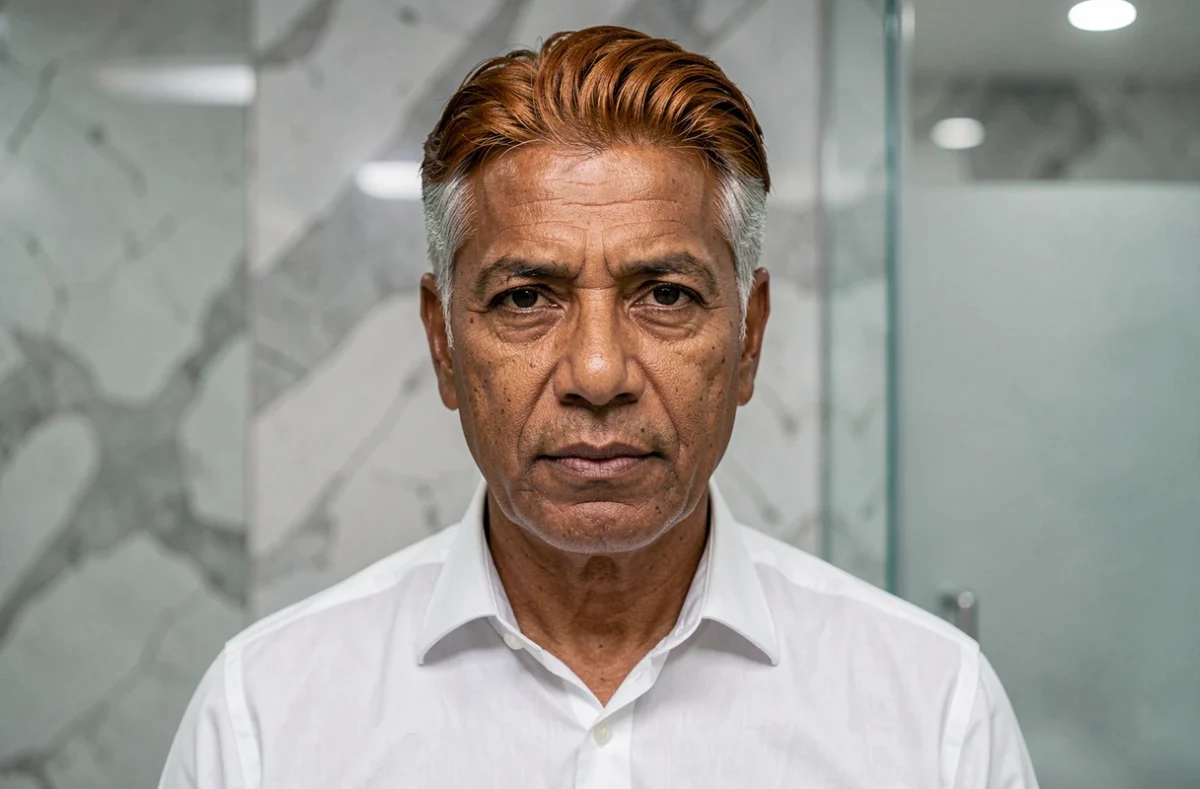 Homme mûr à la peau caramel avec teinture cheveux gris couleur expresso, photographié dans une salle de bain au décor en marbre gris