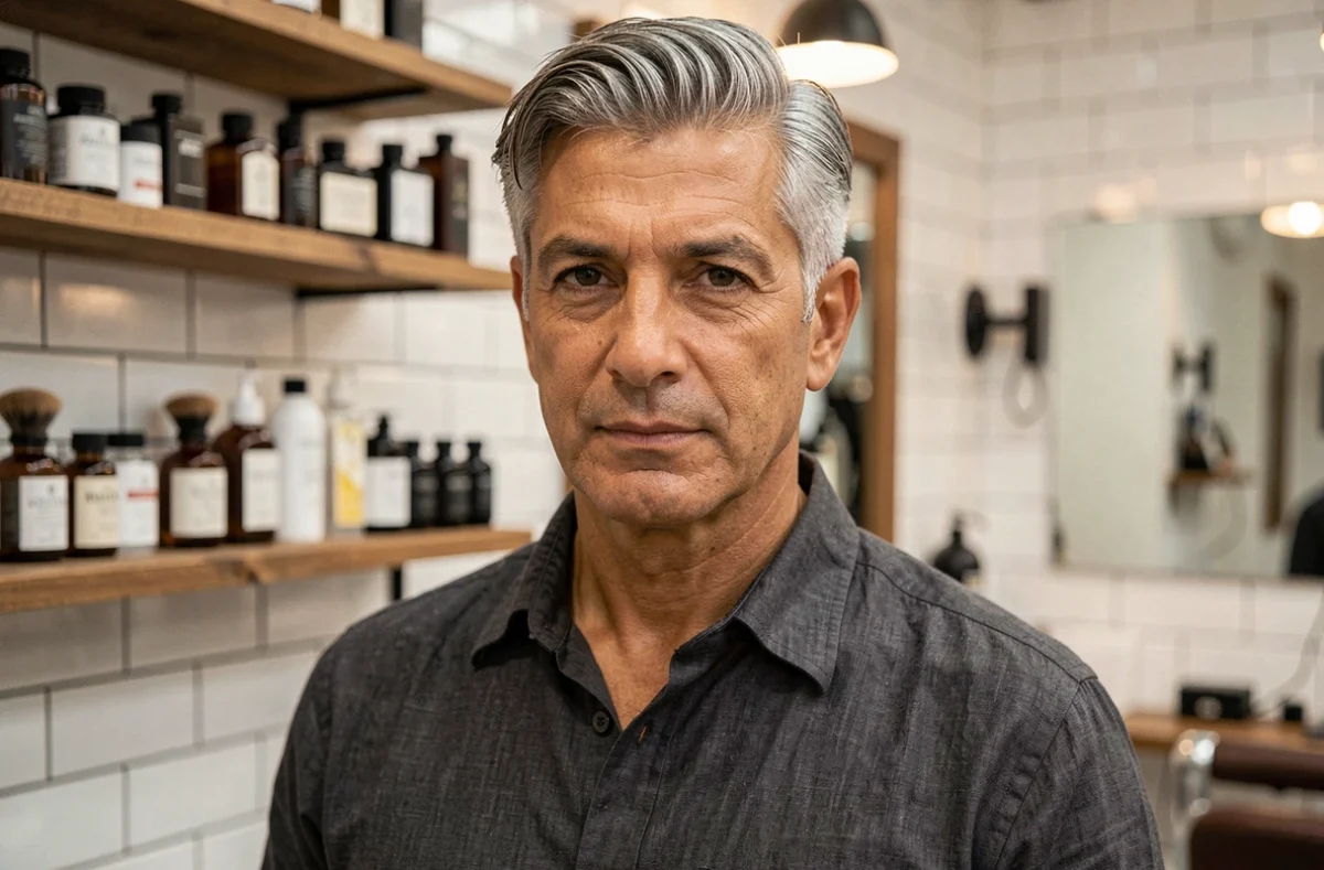 Homme aux cheveux gris bien coiffés et à la peau mate portant une chemise en lin, photographié dans un barbershop moderne