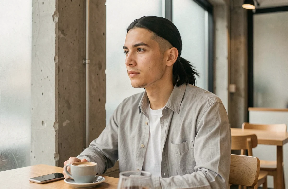 Jeune homme aux cheveux longs dégradé bas dans un café moderne illustrant la tendance coiffure 2026