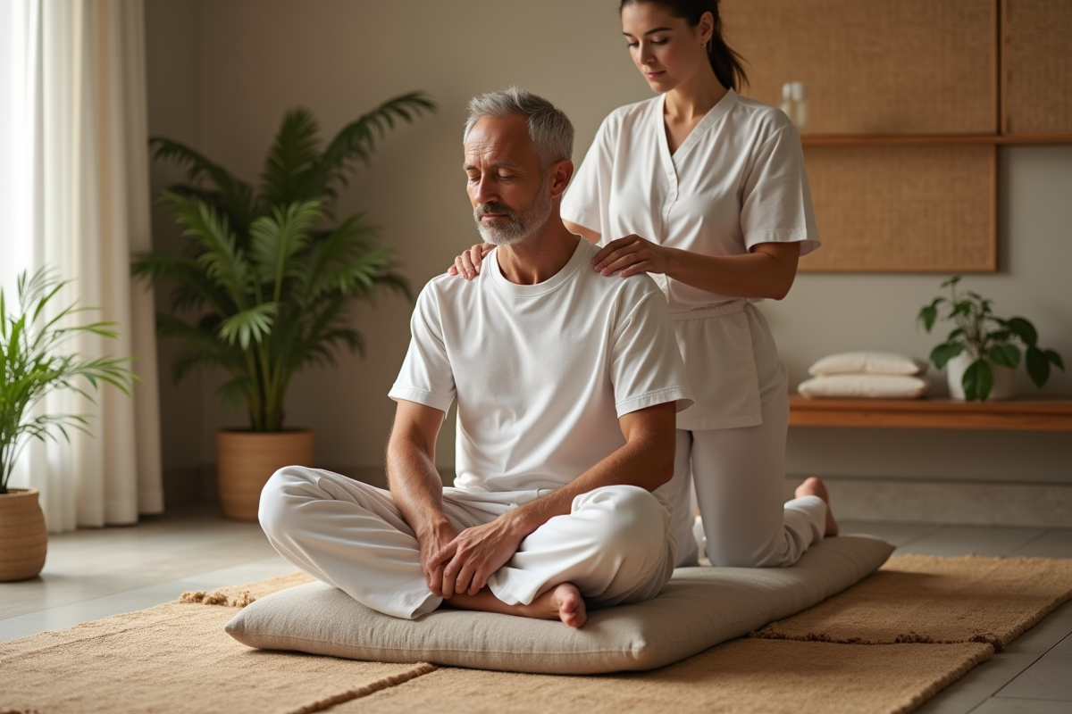 Homme recevant un massage thaï dans un environnement apaisant