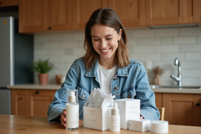 unboxing-soins-naturels Femme souriante découvrant des soins naturels à la maison