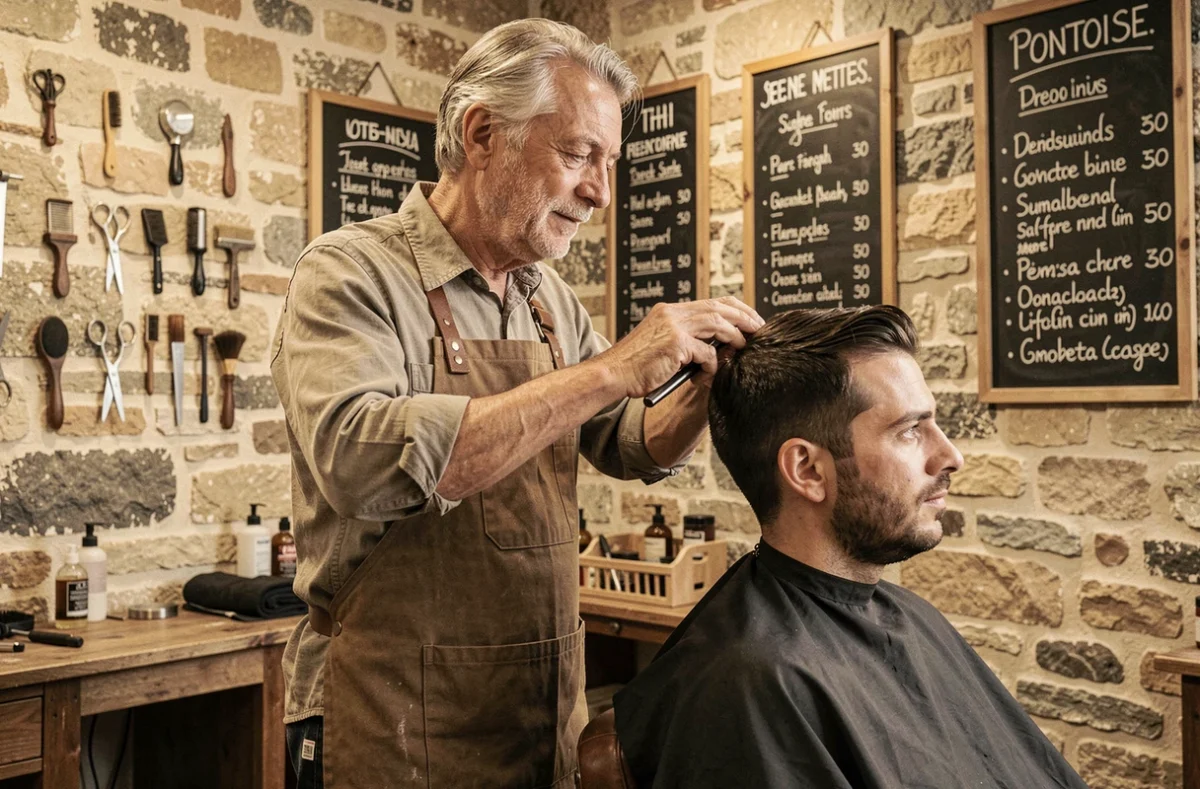 Coiffeur artisan du réseau VOG Coiffure à Pontoise réalisant une coupe dans un salon au charme artisanal et authentique